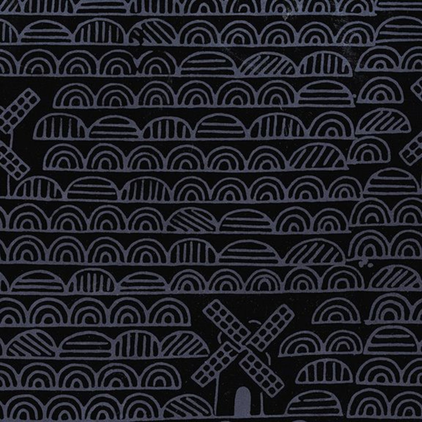 A close-up of a repeating pattern featuring stylized windmills and rows of arched roofs in a muted lavender-purple line art style on a solid black background.
