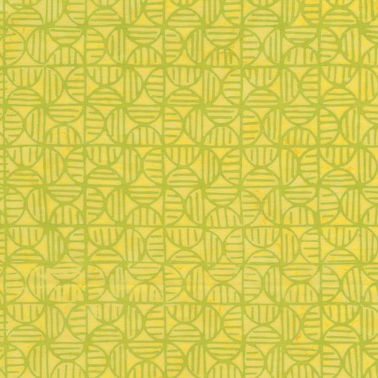 A close-up of a repeating geometric pattern featuring interlocking semi-circles and vertical hatched lines in olive green on a bright yellow background.