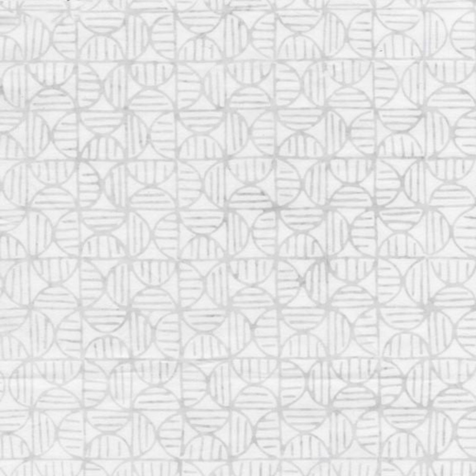A close-up of a white fabric featuring a repeating geometric design of interlocking circles and semi-circles filled with light gray hand-drawn style lines.