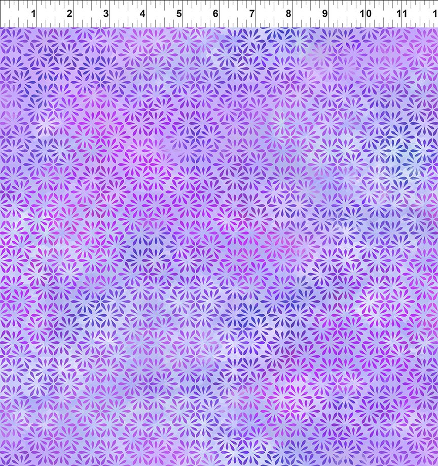 Shades of purple flower blossoms in a hexagon pattern on cotton fabric for In the Beginning Fabrics