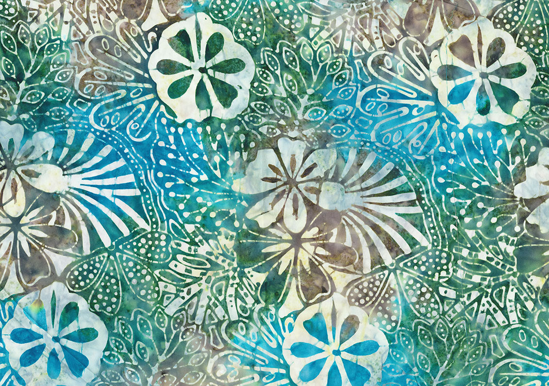 A close-up of a batik fabric featuring stylized flowers and leaves in shades of teal, turquoise, green, brown, and cream.