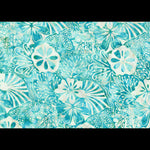 A close-up of a batik fabric pattern featuring stylized floral and leaf motifs in shades of turquoise, teal, and white.
