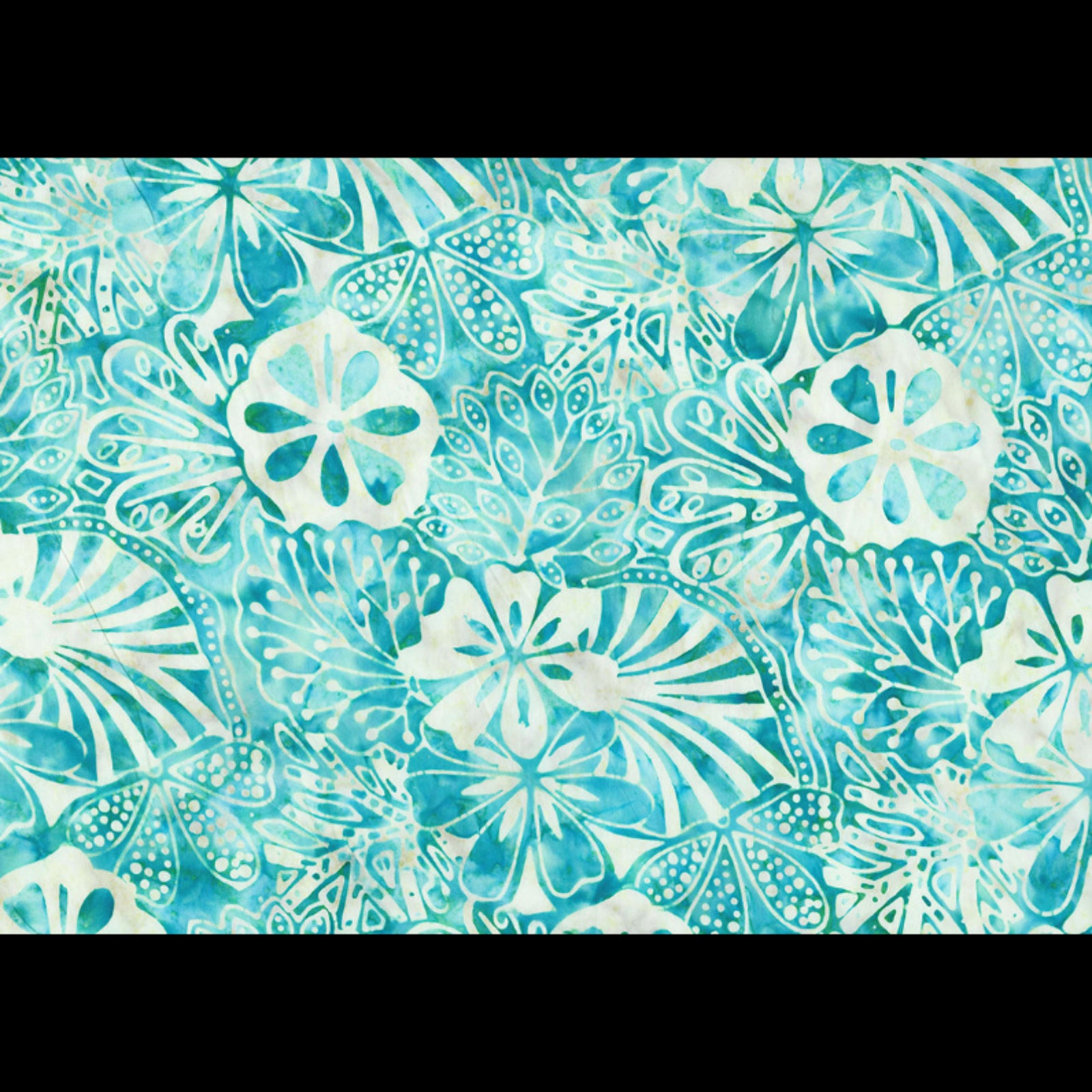 A close-up of a batik fabric pattern featuring stylized floral and leaf motifs in shades of turquoise, teal, and white.