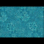 A close-up of a batik fabric pattern featuring intricate floral and paisley motifs in various shades of teal, turquoise, and blue.