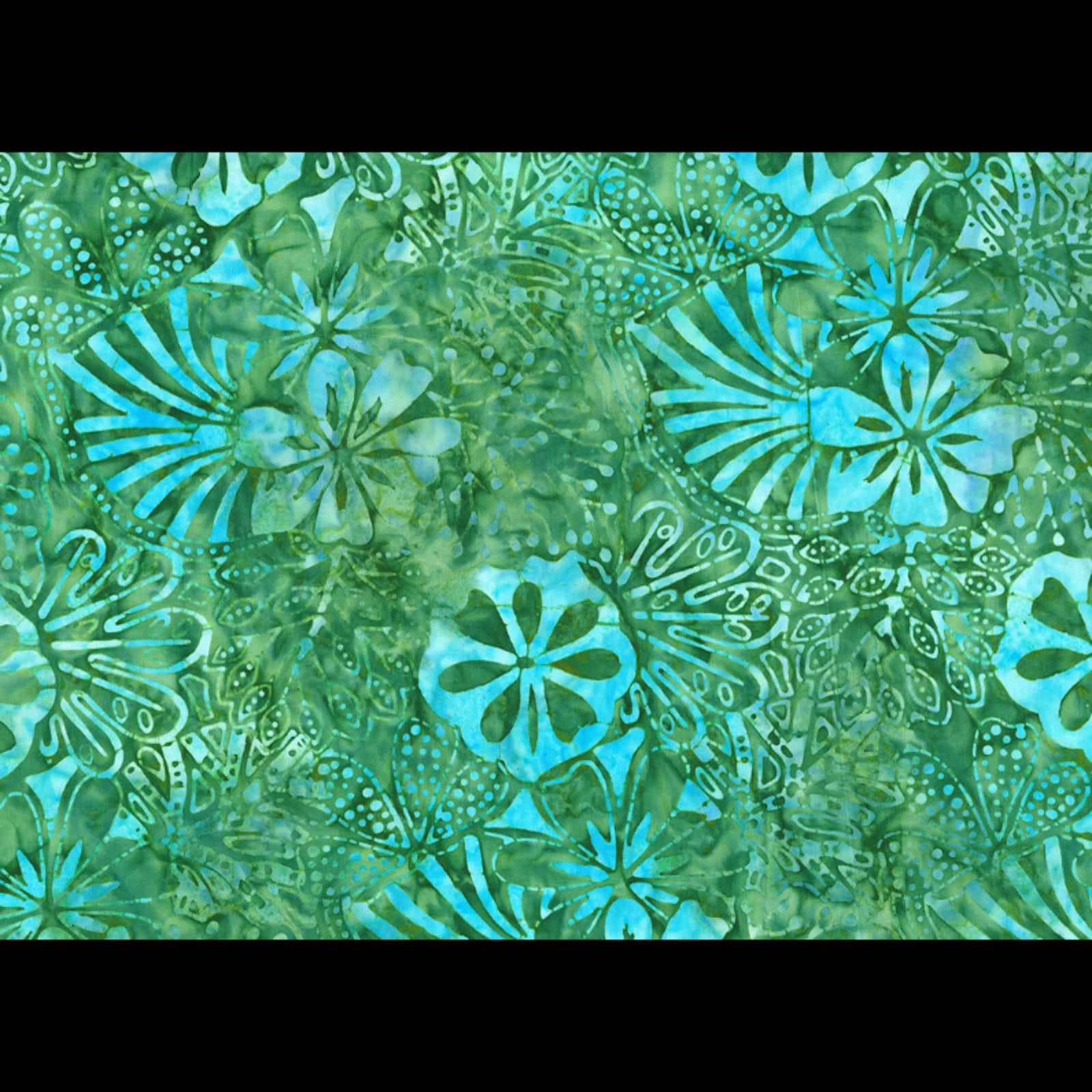 A close-up of a batik fabric pattern featuring vibrant turquoise blue and green tropical floral motifs with white outlines.
