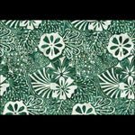 A close-up of a green and white batik fabric pattern featuring stylized flowers, leaves, and organic shapes.