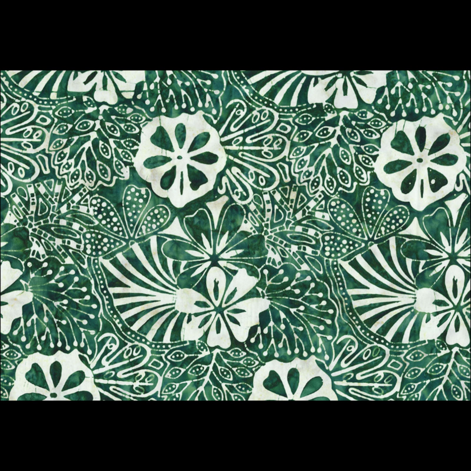 A close-up of a green and white batik fabric pattern featuring stylized flowers, leaves, and organic shapes.