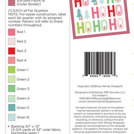 Pattern label with fabric requirements and design elements for a Christmas-themed quilt.