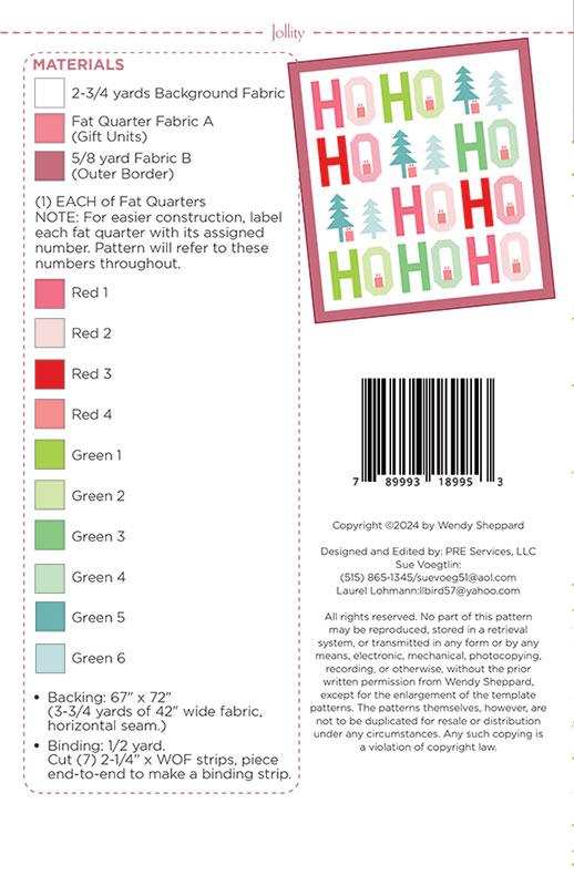 Pattern label with fabric requirements and design elements for a Christmas-themed quilt.