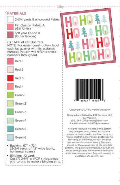 Pattern label with fabric requirements and design elements for a Christmas-themed quilt.