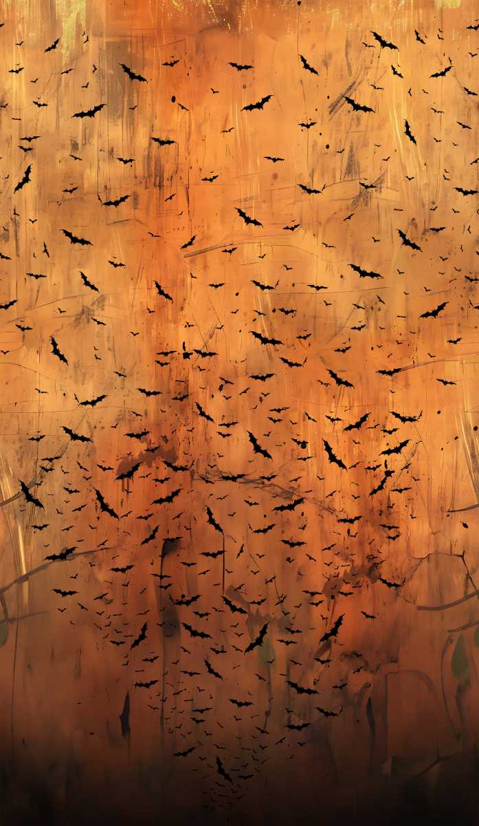 Pattern of black bats on a textured orange and brown background