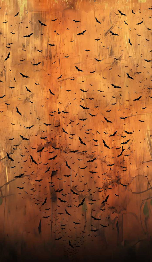 Pattern of black bats on a textured orange and brown background