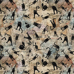 Pattern of black cats in various poses on a textured background