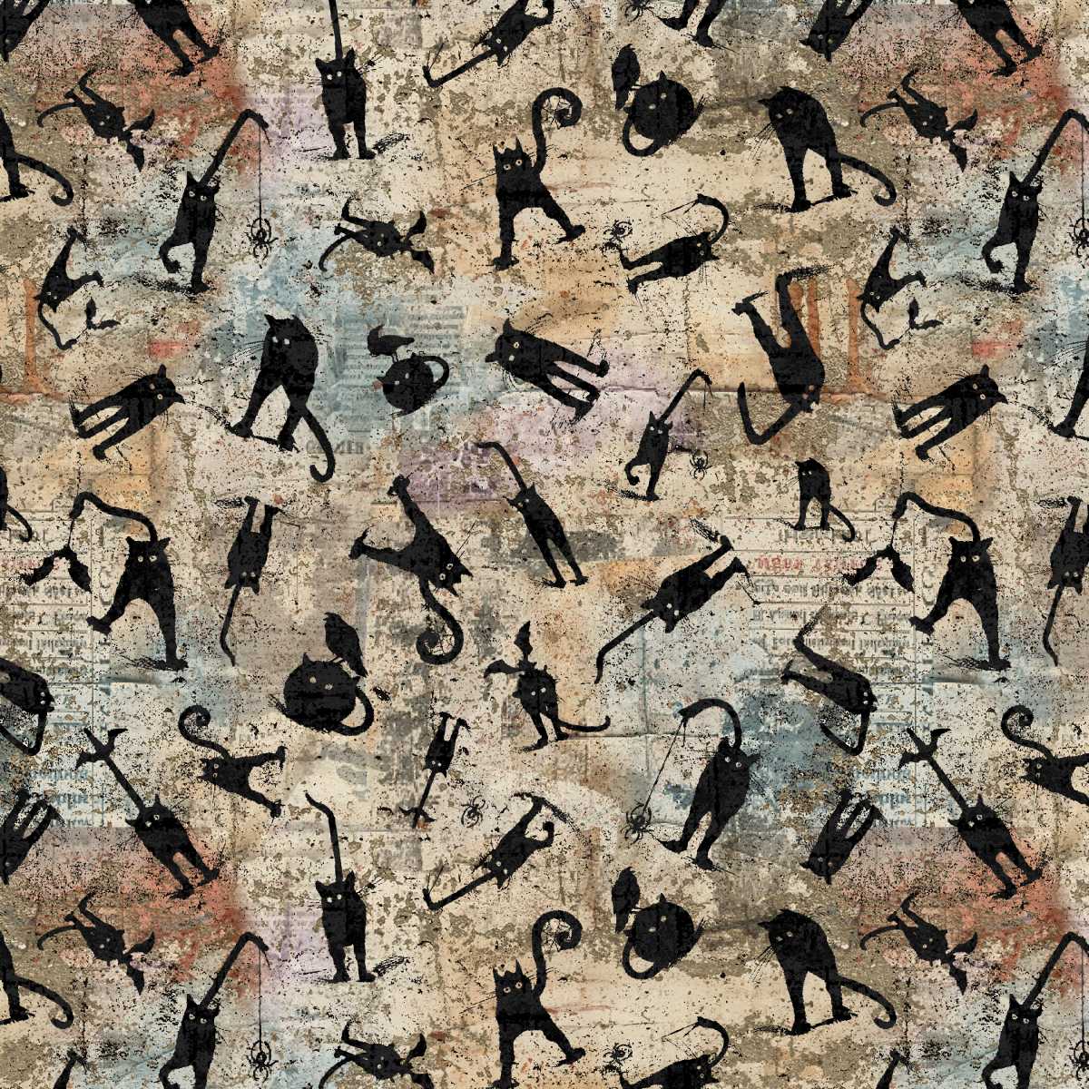 Pattern of black cats in various poses on a textured background