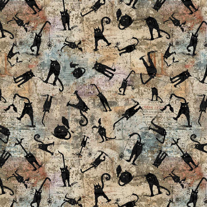 Pattern of black cats in various poses on a textured background