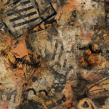 Collage of vintage Halloween-themed elements including pumpkins, ghosts, and witches on a textured background.