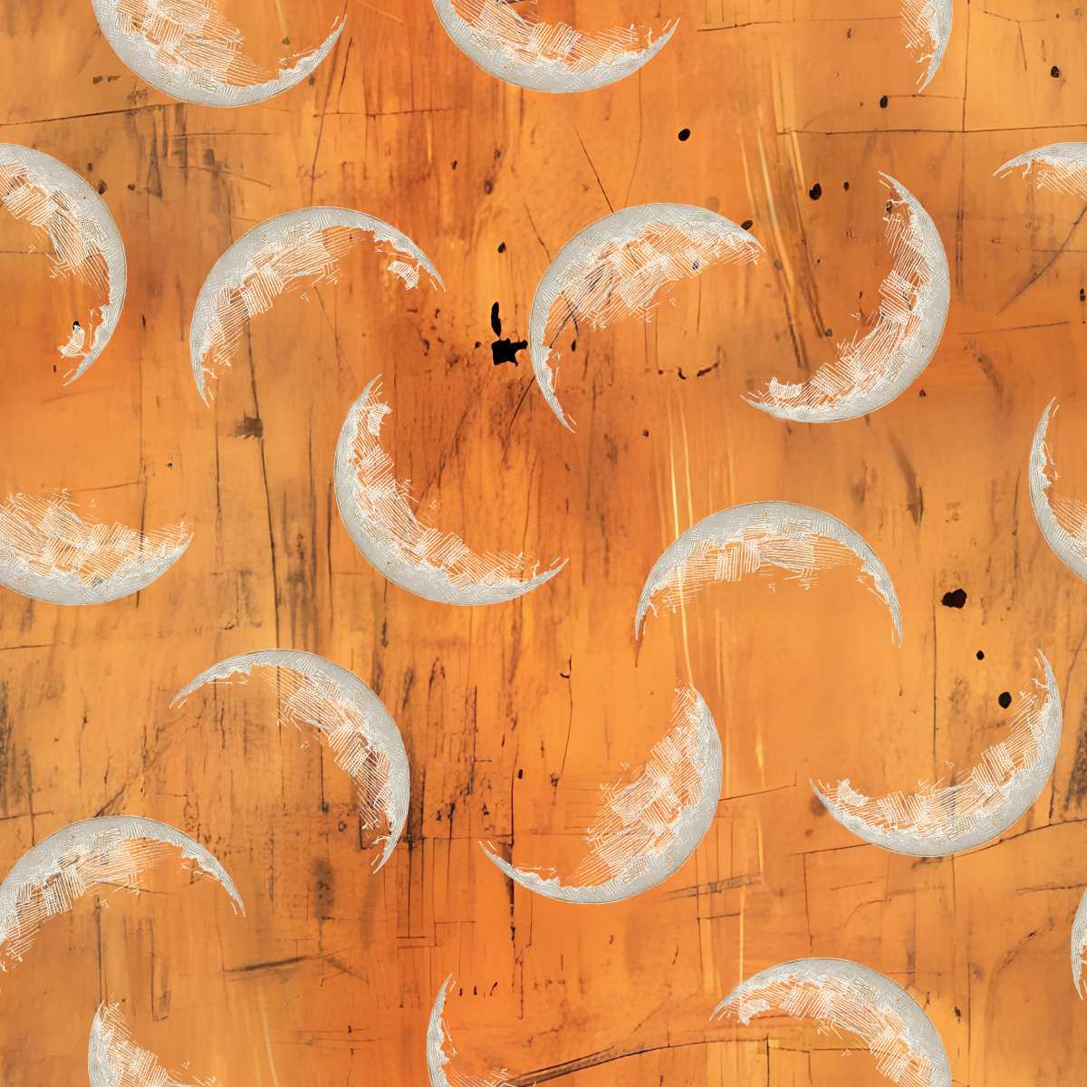 Pattern of crescent moons on an orange textured background