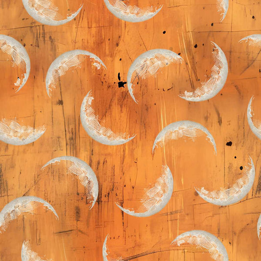 Pattern of crescent moons on an orange textured background
