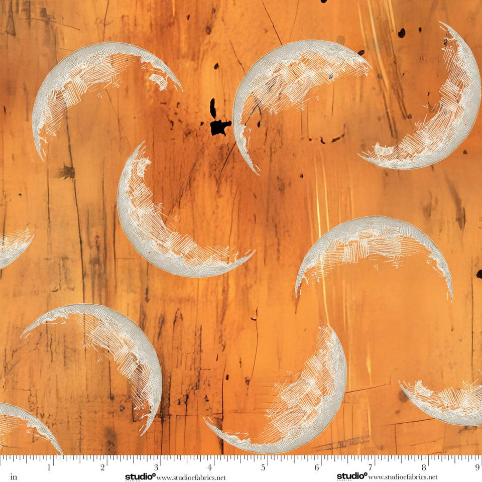 Pattern of crescent moons on an orange background.
