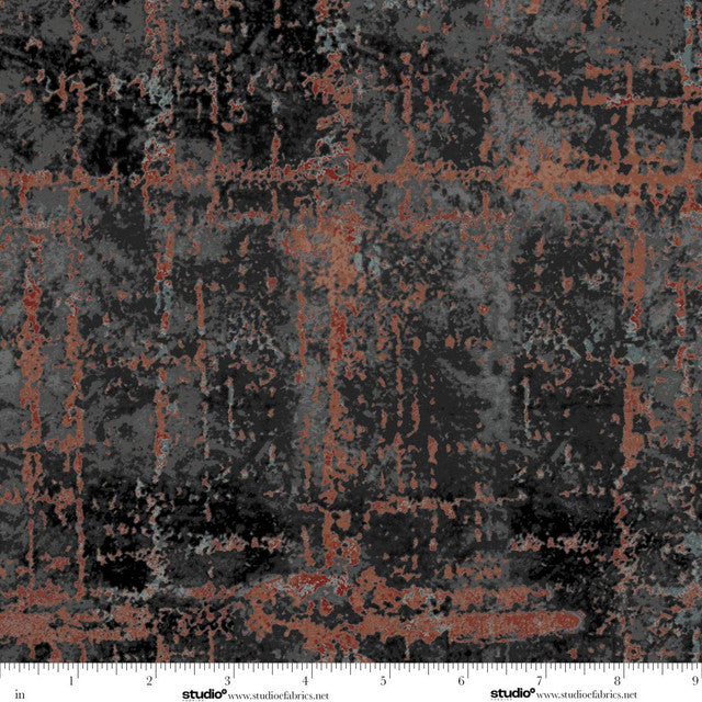 Textured fabric pattern with black, gray, and red colors on a white background.