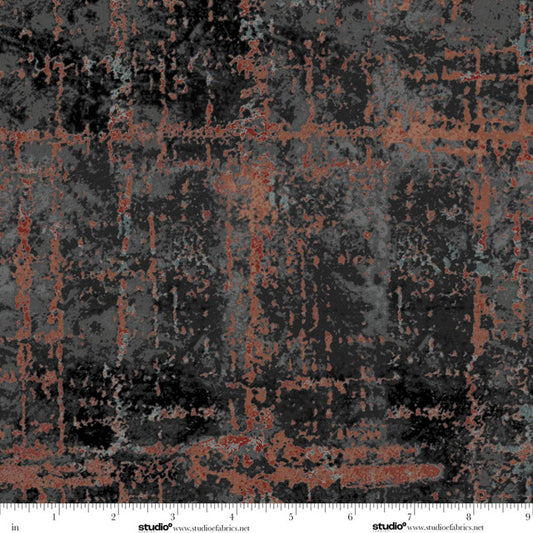 Textured fabric pattern with black, gray, and red colors on a white background.