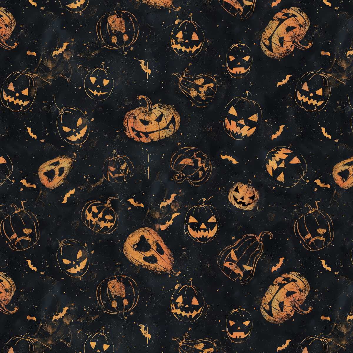Halloween-themed pattern with pumpkins and bats on a dark background