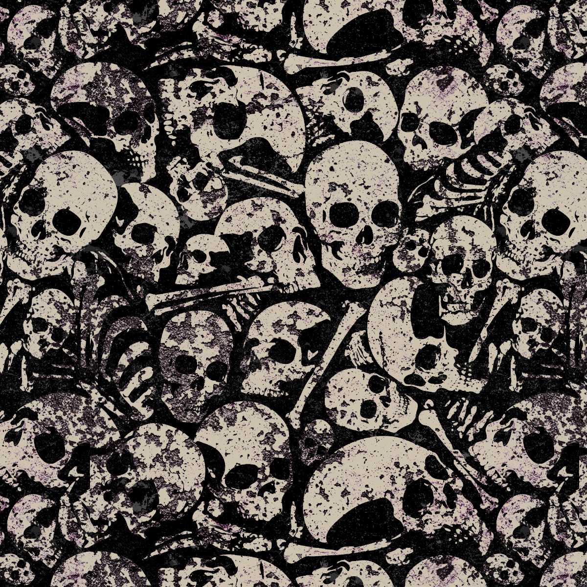 Pattern of skulls and bones in black and white.