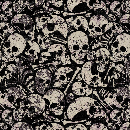 Pattern of skulls and bones in black and white.