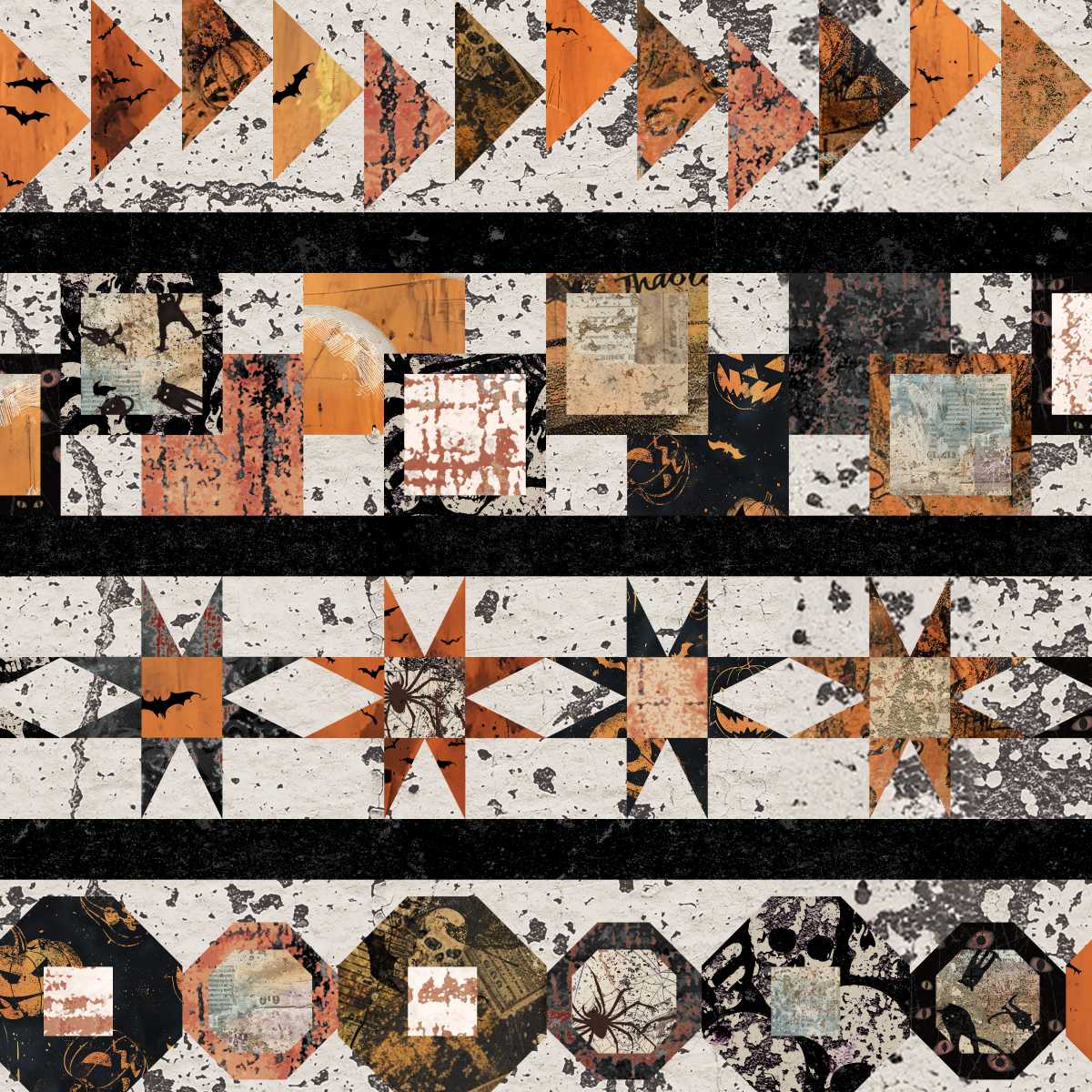 Halloween-themed patchwork pattern with pumpkins, ghosts, and bats on a black background.