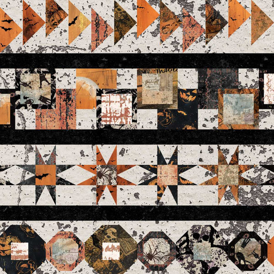 Halloween-themed patchwork pattern with pumpkins, ghosts, and bats on a black background.