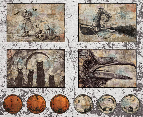 Collage of vintage-style illustrations with pumpkins, cats, and other elements on a textured background.