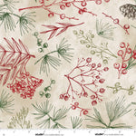 Pattern of red and green leaves and berries on a beige background with a ruler at the bottom.
