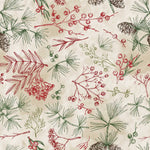 Pattern of red and green leaves and berries on a beige background