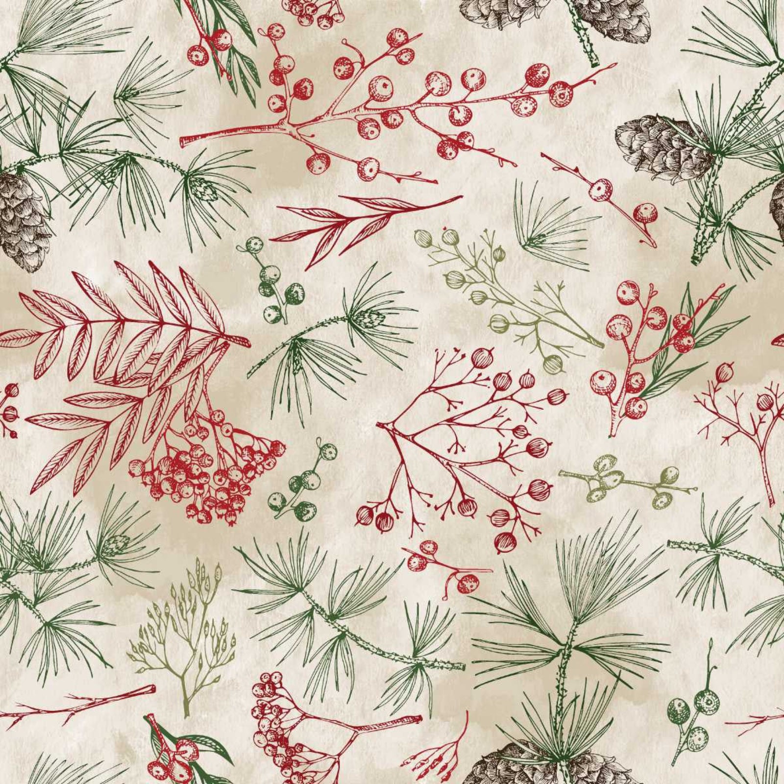 Pattern of red and green leaves and berries on a beige background