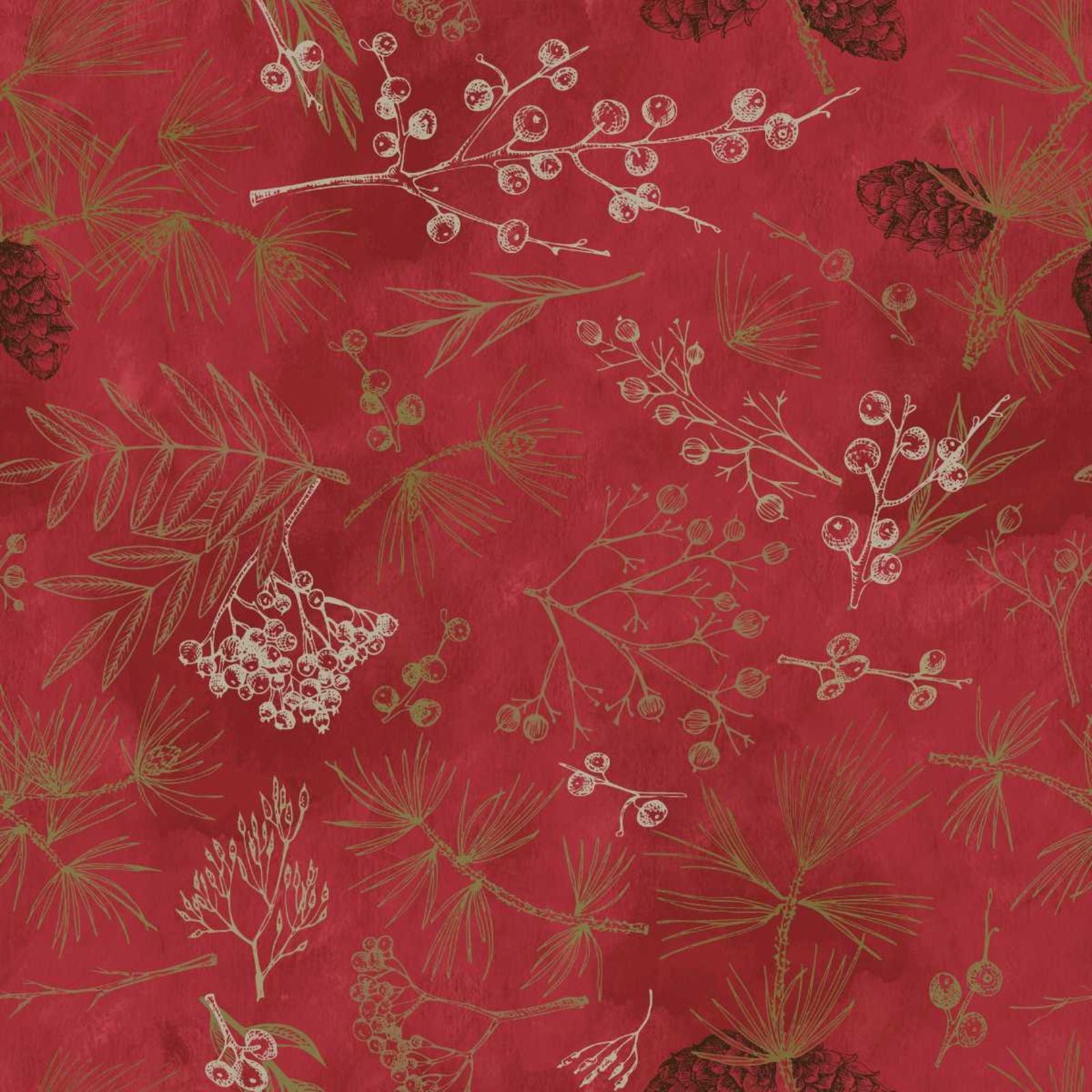 Red fabric with a repeating pattern of pine needles, pinecones, and berry branches in muted green and cream.