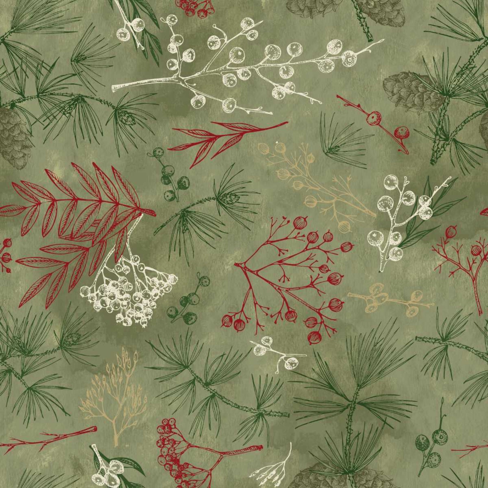 A close-up of a repeating holiday botanical pattern on an olive green background, featuring pine needles, pinecones, red berries, and white and beige holly branches.