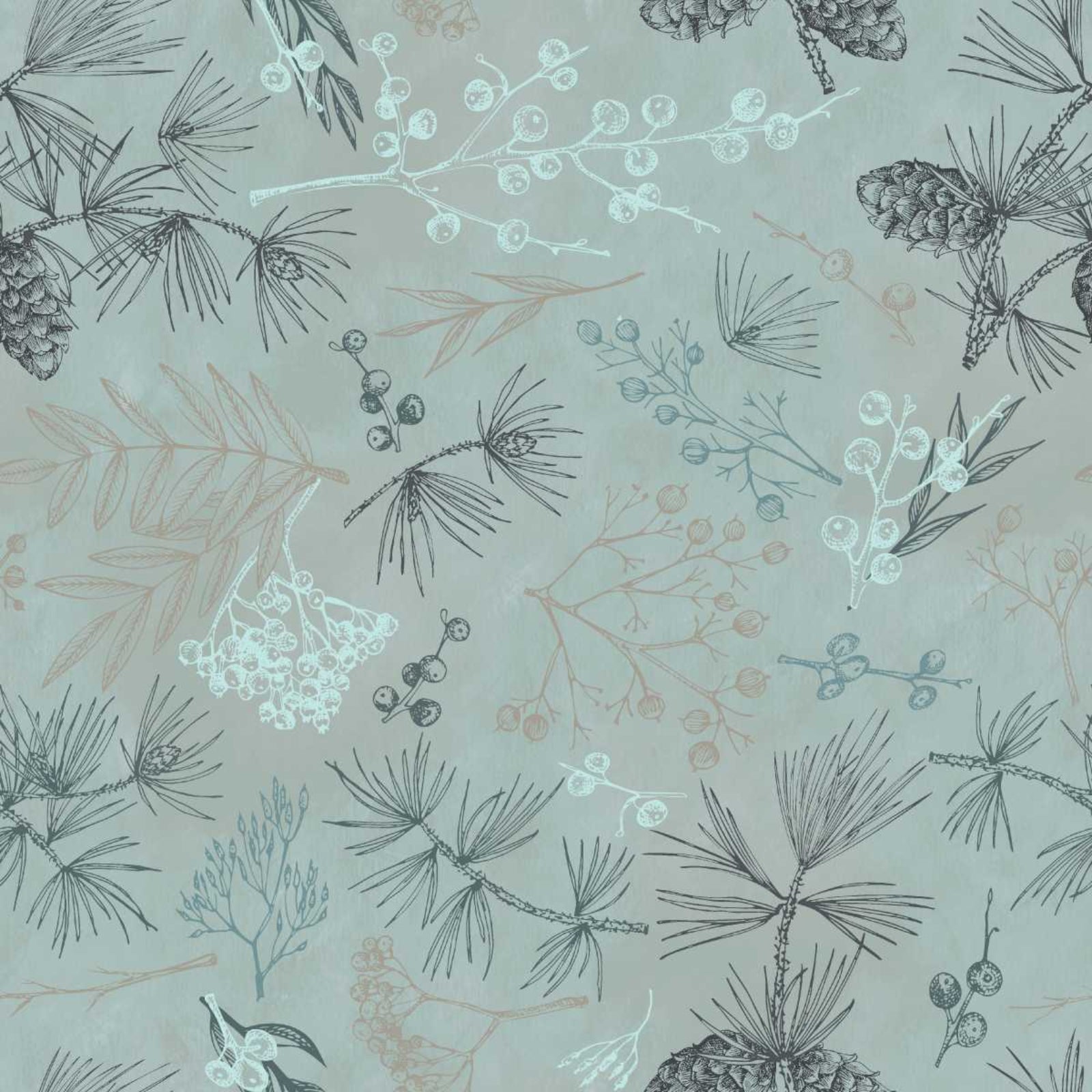 Pattern of pine branches and cones on a light blue background