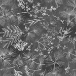 A seamless botanical pattern featuring white hand-drawn illustrations of pine needles, pinecones, and berry branches on a dark charcoal gray textured background.