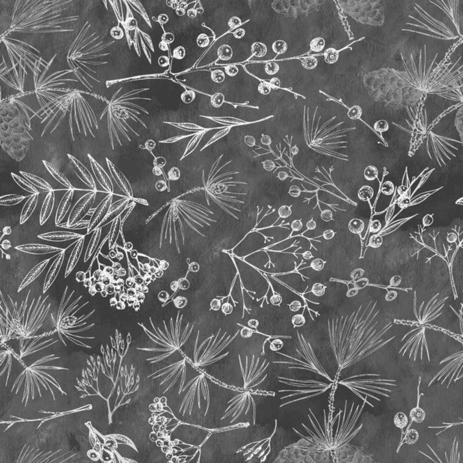 A seamless botanical pattern featuring white hand-drawn illustrations of pine needles, pinecones, and berry branches on a dark charcoal gray textured background.