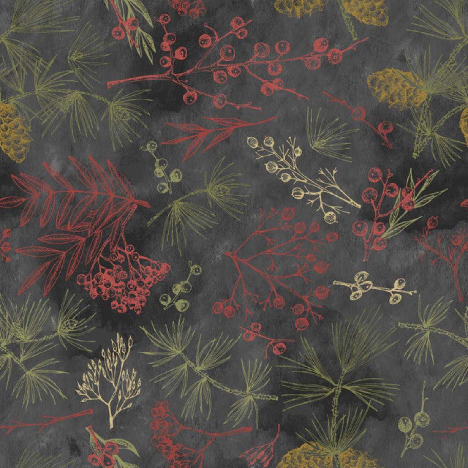 Pattern of red, green, and yellow leaves and branches on a dark background