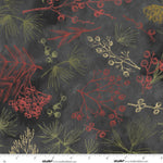 A close-up of a fabric pattern featuring red and olive green botanical illustrations, including pine needles and berry clusters, on a dark charcoal gray background. A white measurement ruler is visible along the bottom edge.