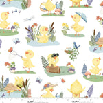 Pattern of cartoon ducks in various activities on a white background