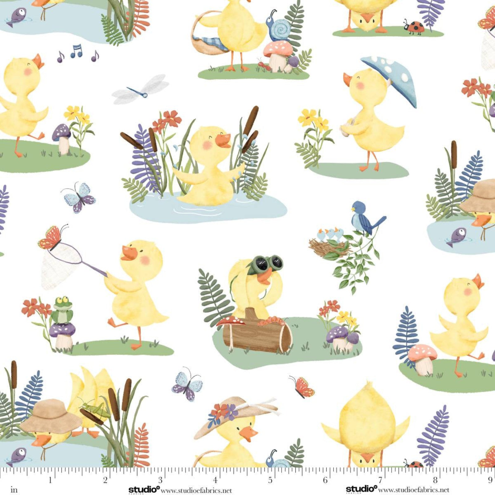 Pattern of cartoon ducks in various activities on a white background