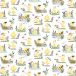 A repeating watercolor-style pattern featuring yellow ducklings in a garden with flowers, birds, butterflies, small umbrellas, and picnic accessories on a white background.