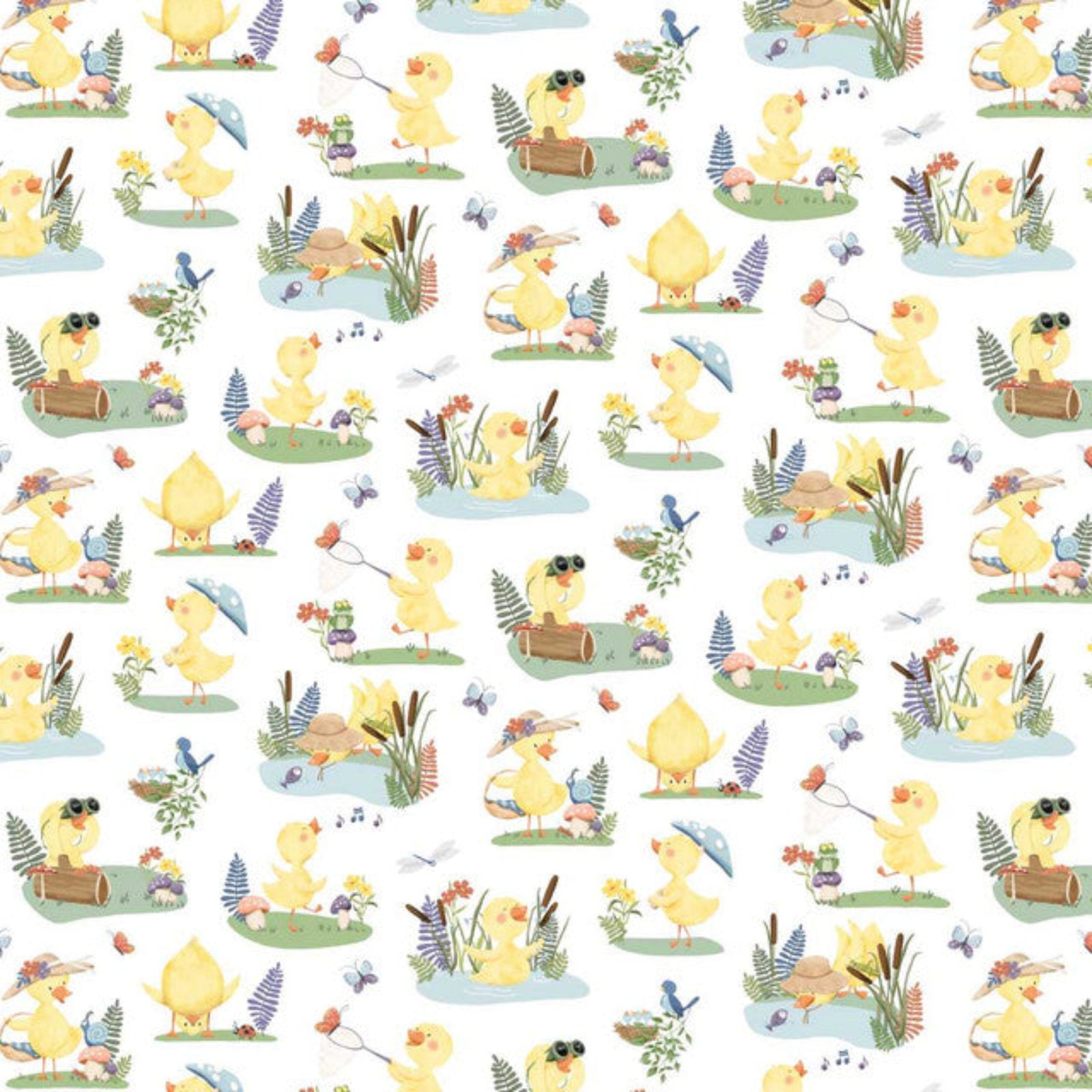 A repeating watercolor-style pattern featuring yellow ducklings in a garden with flowers, birds, butterflies, small umbrellas, and picnic accessories on a white background.