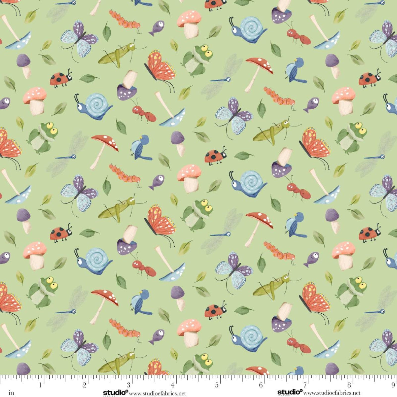 Patterned fabric with colorful insects, mushrooms, and leaves on a green background