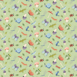 Pattern of colorful insects, mushrooms, and leaves on a green background