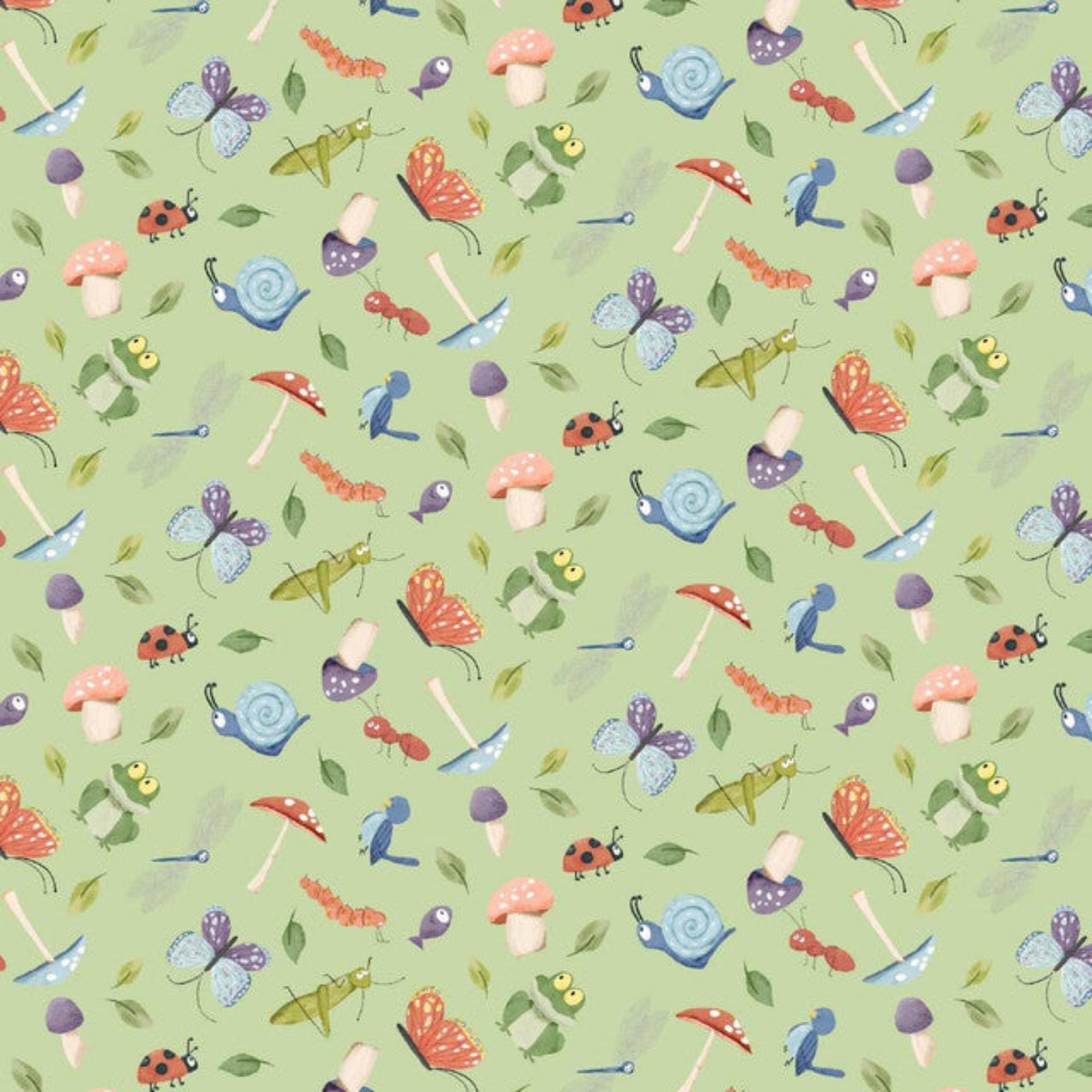 Pattern of colorful insects, mushrooms, and leaves on a green background
