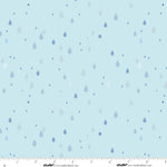 Light blue fabric with a scattered pattern of small raindrops in shades of blue, navy, and white, shown with a measurement ruler along the bottom edge.