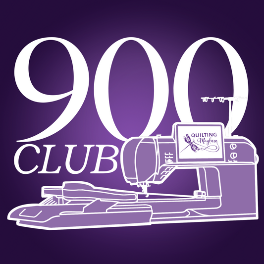 900 Club branding graphic with sewing machine outline and Quilting Mayhem dragonfly logo
